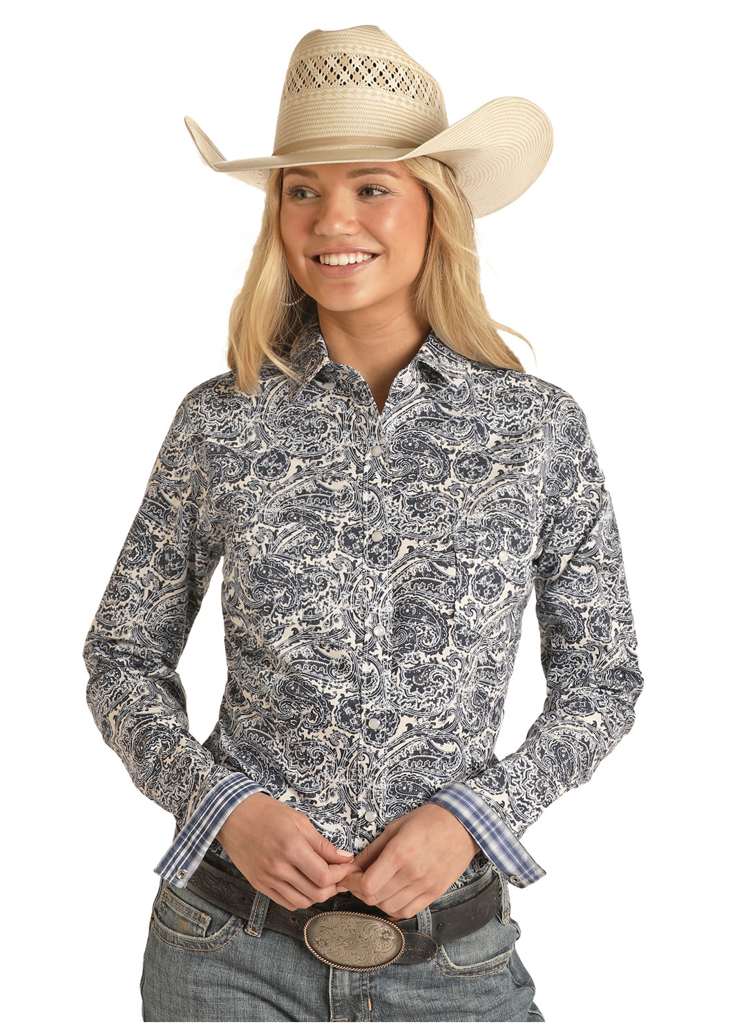 Womens Panhandle Rough Stock Blue White Paisley Western Snap Shirt ...