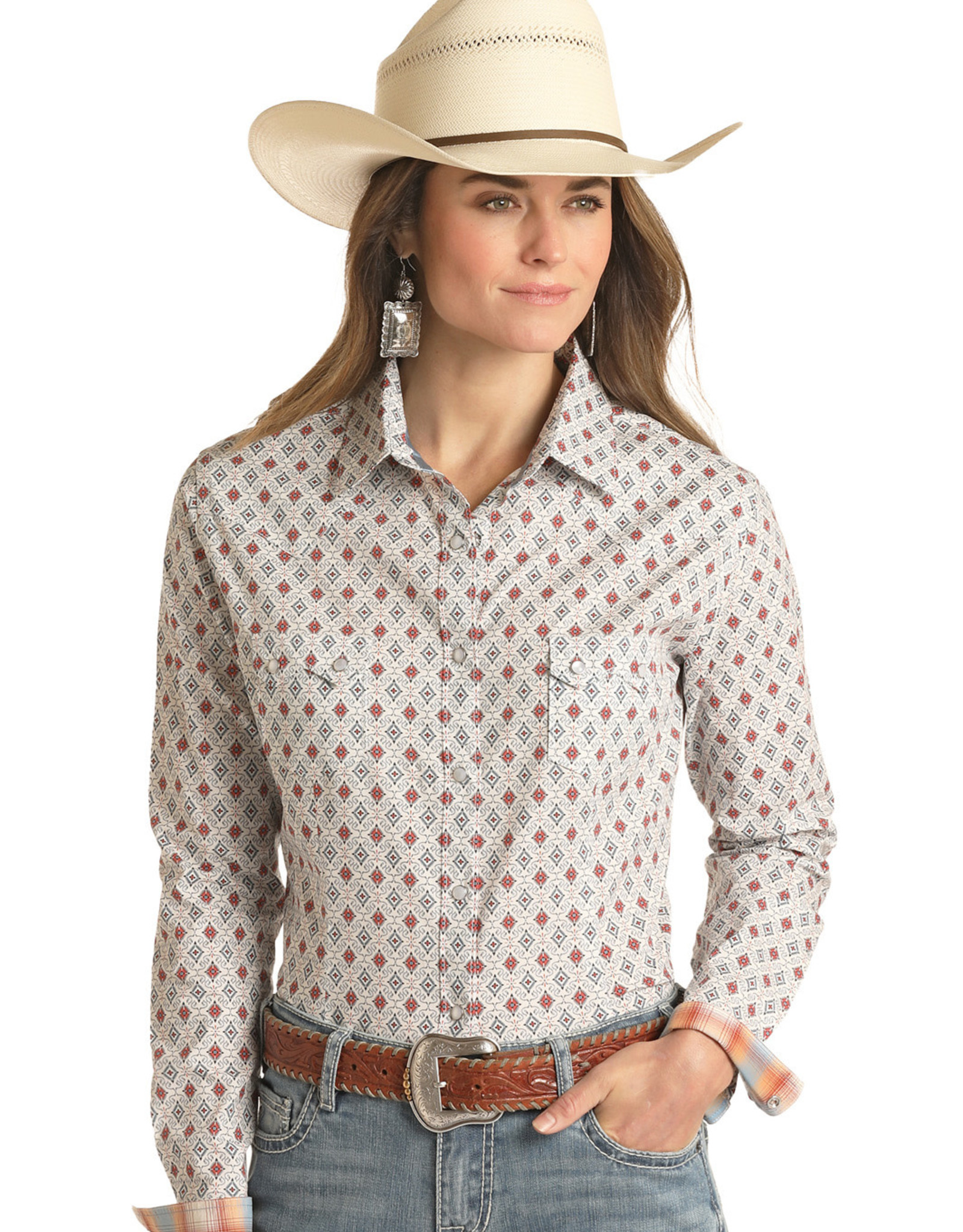 Womens Panhandle White Rust Medallion Western Snap Shirt