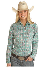 Womens Panhandle Rough Stock  Stretch Flex Comfort Turquoise Chocolate Aztec Western Snap Shirt