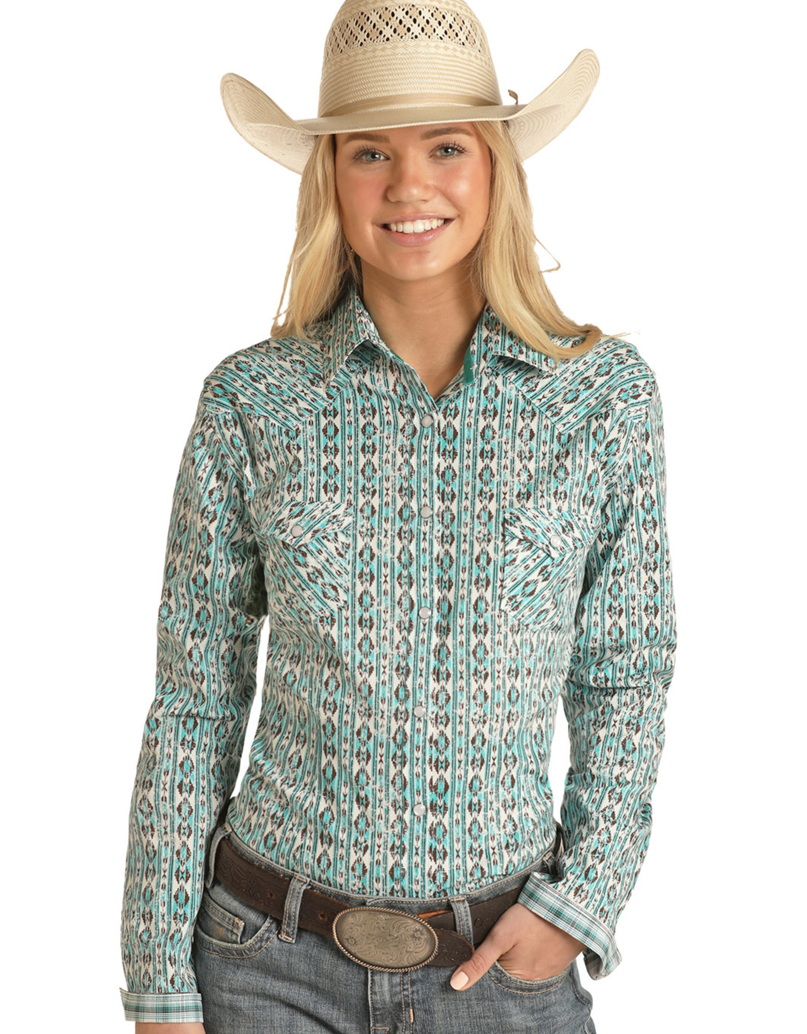 Womens Panhandle Rough Stock  Stretch Flex Comfort Turquoise Chocolate Aztec Western Snap Shirt
