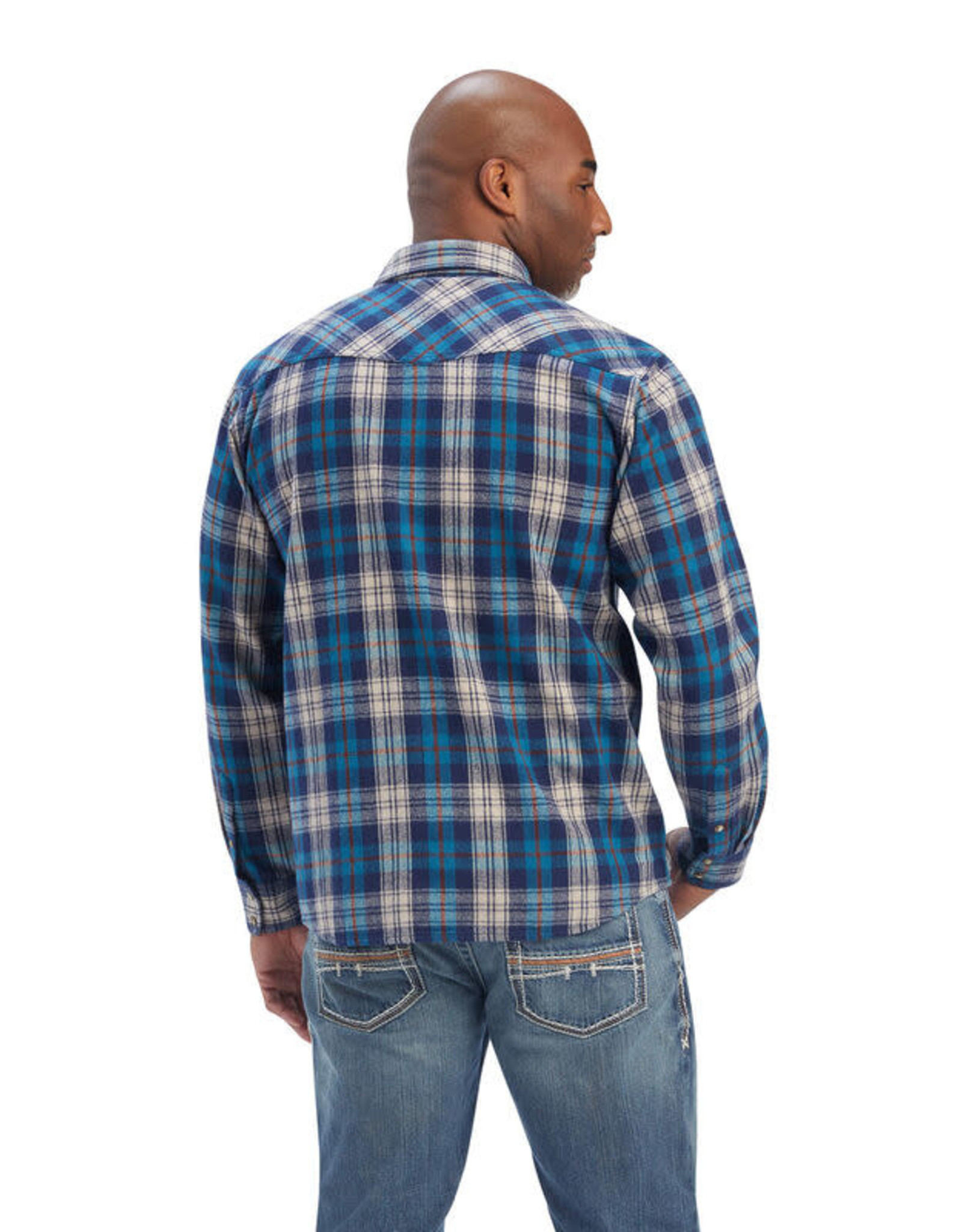 Ariat Mens Ariat Blue Retro Snap Brushed Cotton Plaid  Long Sleeve Western Shirt