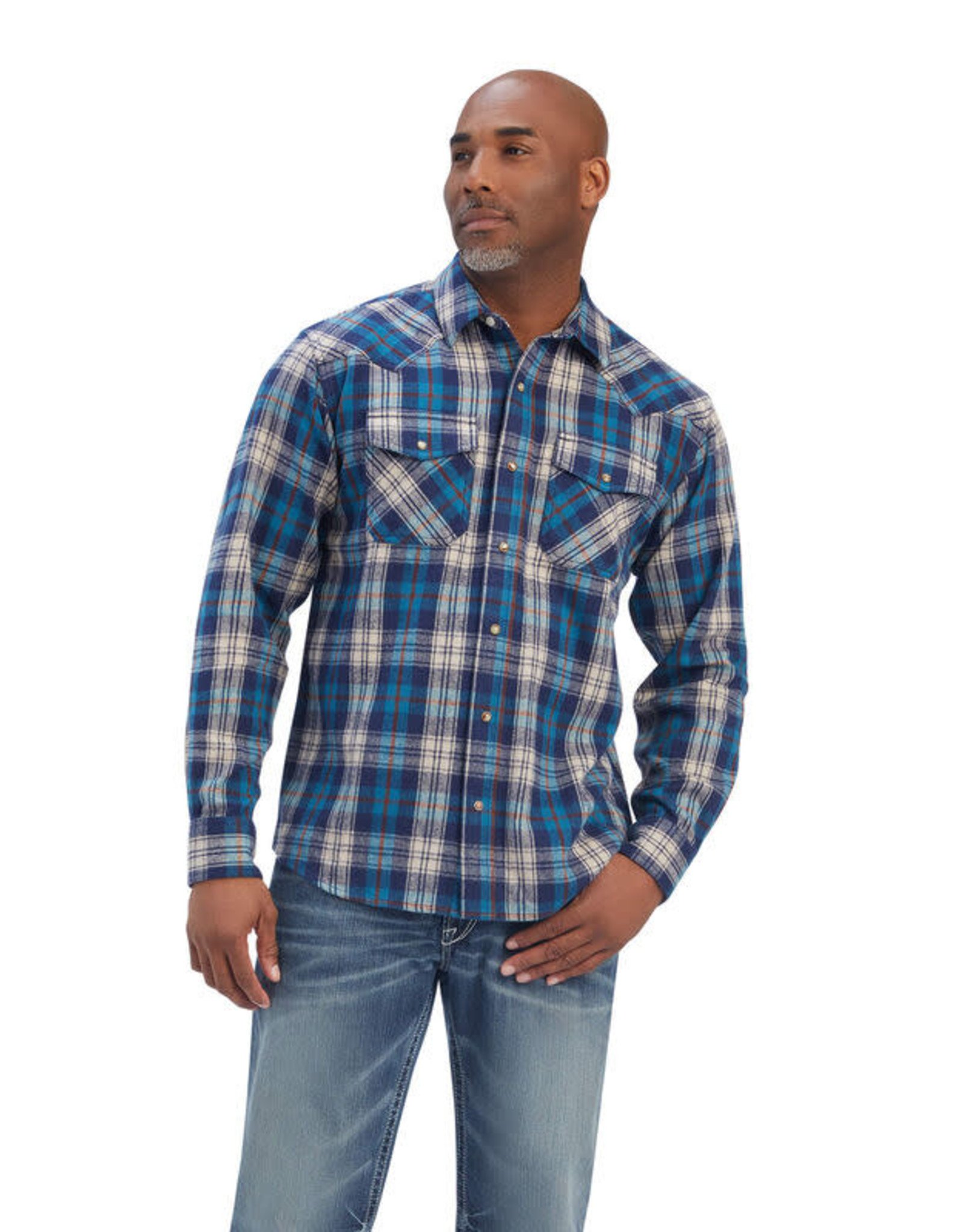 Ariat Mens Ariat Blue Retro Snap Brushed Cotton Plaid  Long Sleeve Western Shirt