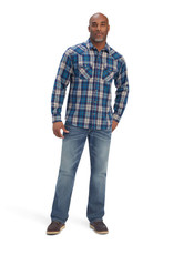 Ariat Mens Ariat Blue Retro Snap Brushed Cotton Plaid  Long Sleeve Western Shirt