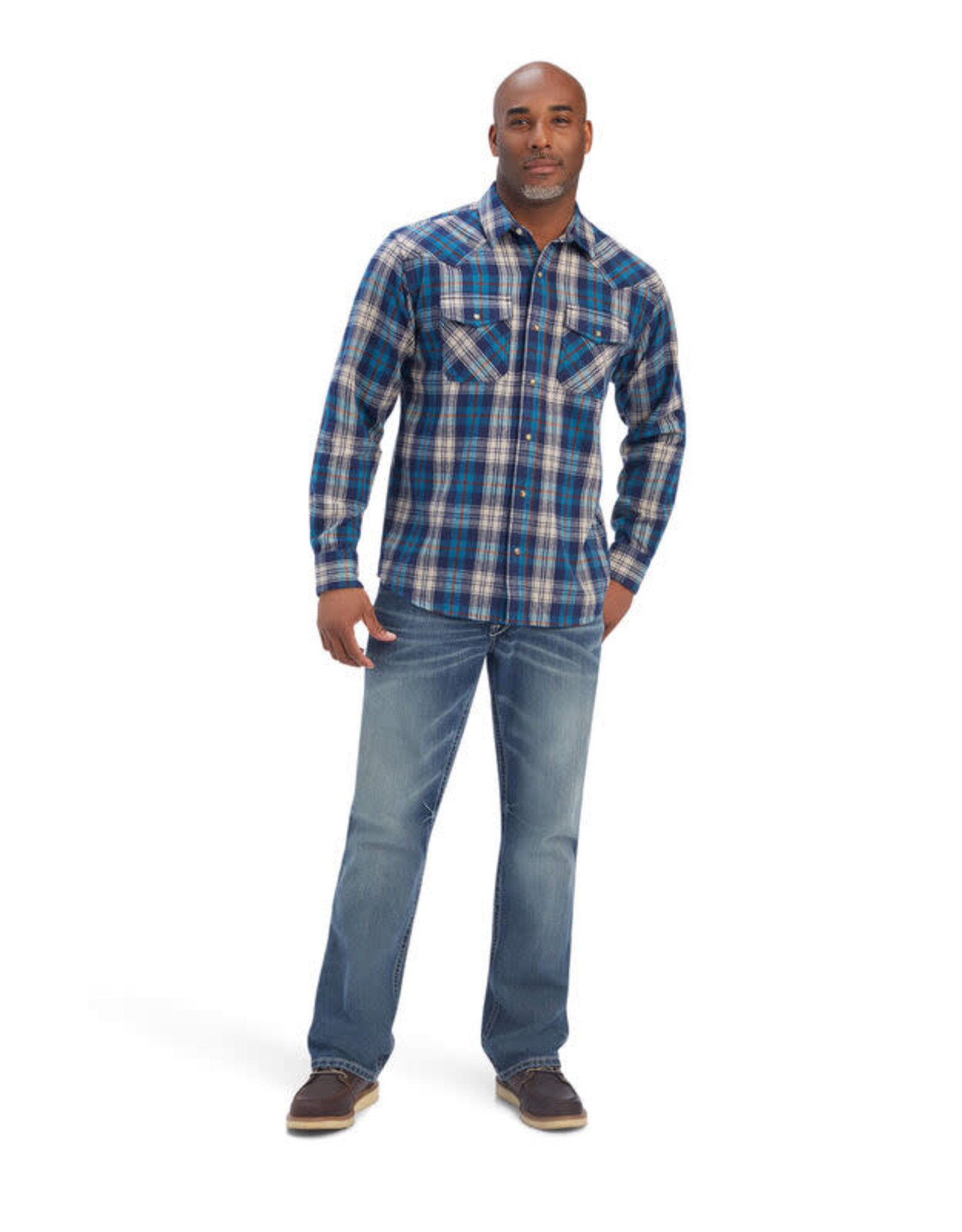 Ariat Mens Ariat Blue Retro Snap Brushed Cotton Plaid  Long Sleeve Western Shirt