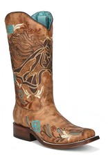 Ladies Sand Horse Inlay & Multi Color Embroidered Corral Square Toe Iridescent Collection