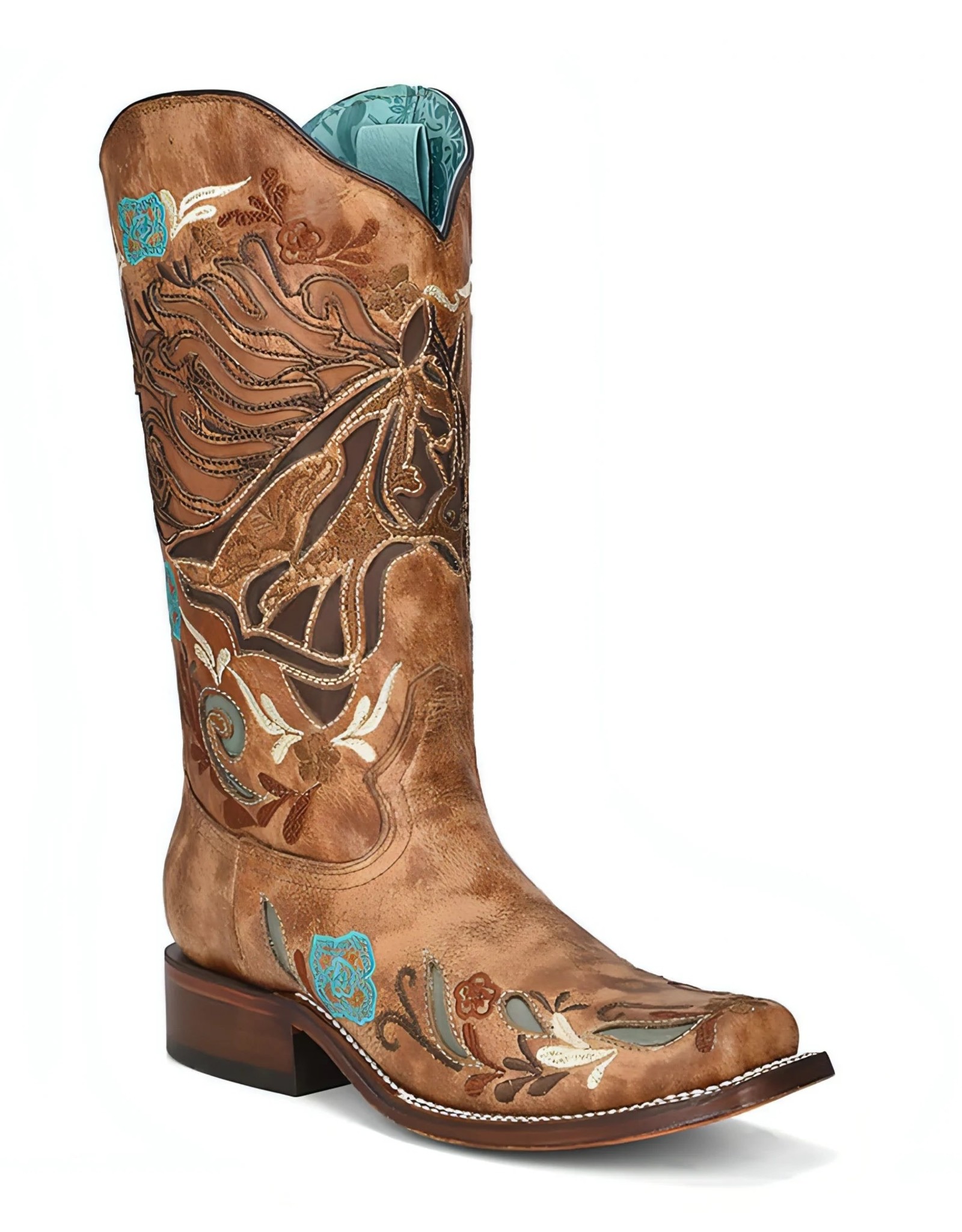 Ladies Sand Horse Inlay & Multi Color Embroidered Corral Square Toe Iridescent Collection