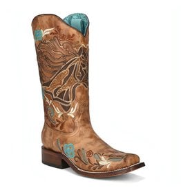 Ladies Sand Horse Inlay & Multi Color Embroidered Corral Square Toe Iridescent Collection