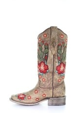 Ladies Taupe Cactus Overlay Flowered Embroidery Horseshoe Inlay Cowboy Boot