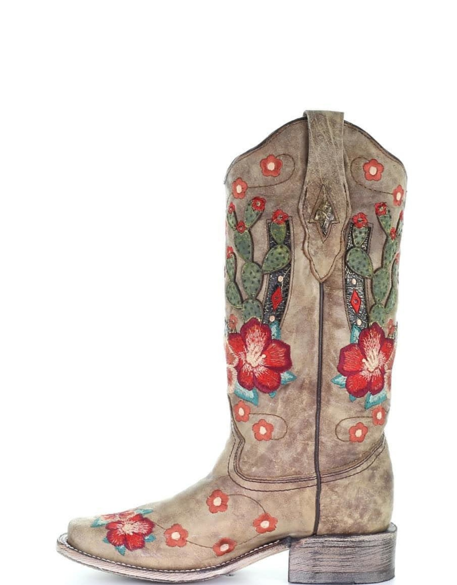 Ladies Taupe Cactus Overlay Flowered Embroidery Horseshoe Inlay Cowboy Boot
