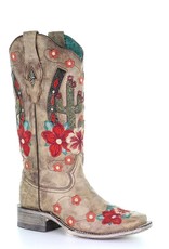 Ladies Taupe Cactus Overlay Flowered Embroidery Horseshoe Inlay Cowboy Boot