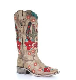 Ladies Taupe Cactus Overlay Flowered Embroidery Horseshoe Inlay Cowboy Boot