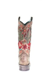 Ladies Taupe Cactus Overlay Flowered Embroidery Horseshoe Inlay Cowboy Boot