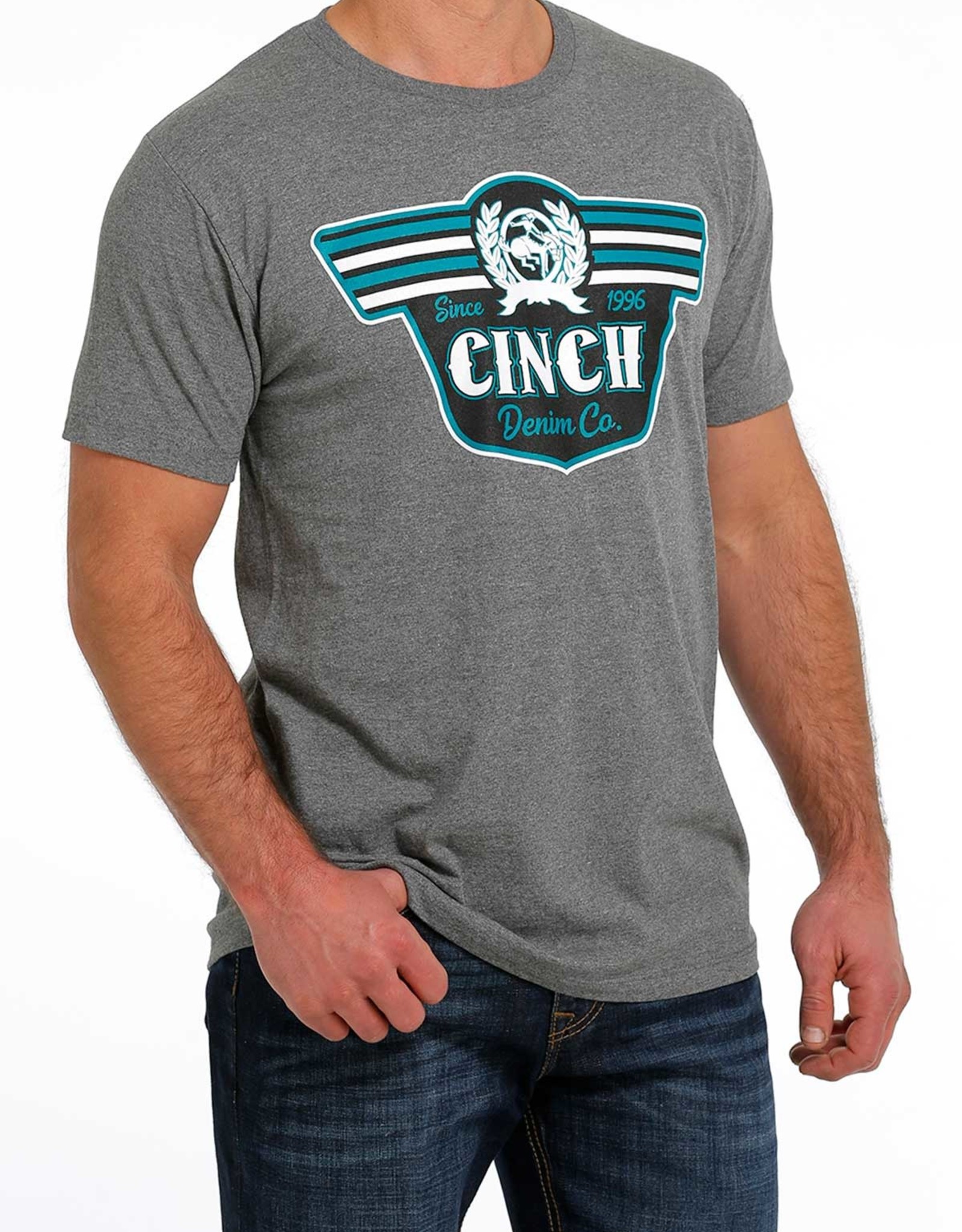 Cinch Mens Cinch Short Sleeve Heather Grey Black Green Logo Front Screen Print T Shirt