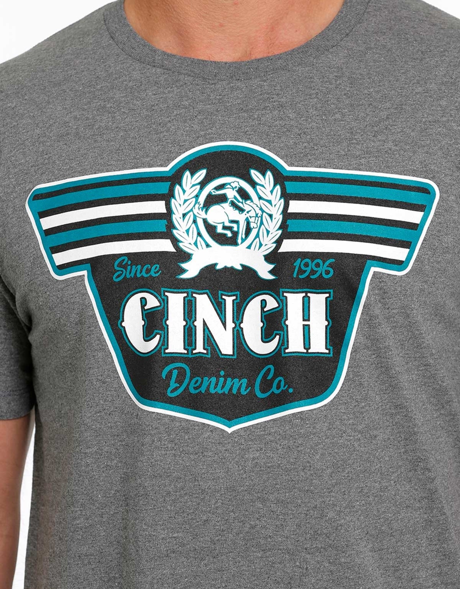 Cinch Mens Cinch Short Sleeve Heather Grey Black Green Logo Front Screen Print T Shirt