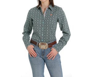 Cinch Womens Light Green Peach Print Long Sleeve Button Down Western Shirt  - Cowpokes Western Shop