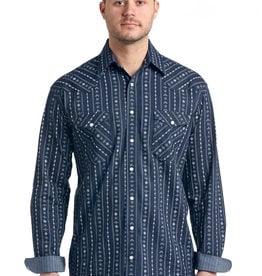 Mens Panhandle Slim Rough Stock Long Sleeve Navy Print Snap Western Shirt