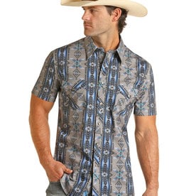 Mens Rock & Roll Flex Modern Fit Blue Grey Aztec Print Short Sleeve Snap Shirt