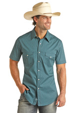 Mens Rock & Roll Flex Modern Fit Turquoise Horseshoe Print Short Sleeve Snap Shirt