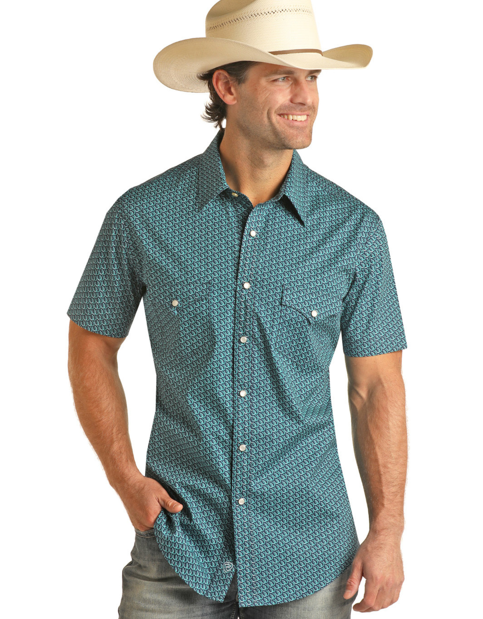 Mens Rock & Roll Flex Modern Fit Turquoise Horseshoe Print Short Sleeve Snap Shirt