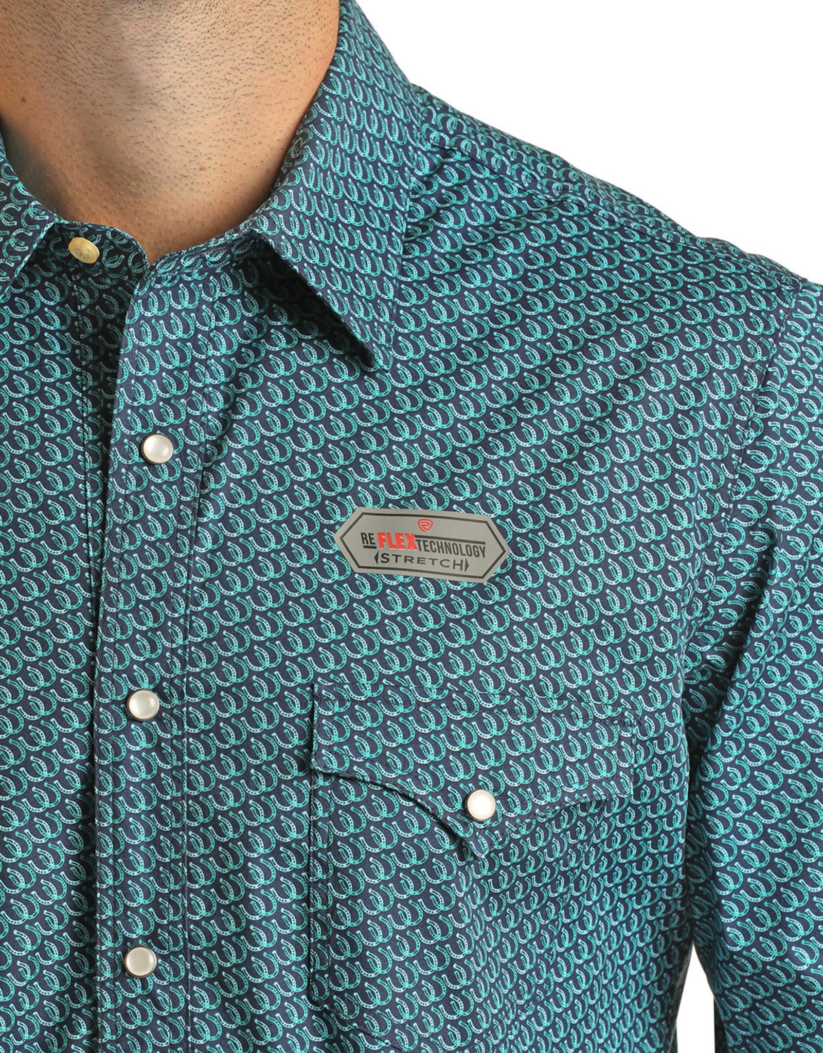 Mens Rock & Roll Flex Modern Fit Turquoise Horseshoe Print Short Sleeve Snap Shirt