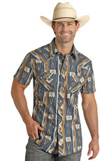 Mens Rock & Roll Denim Blue Tan Vintage 46 Western Aztec Print Short Sleeve Snap Shirt