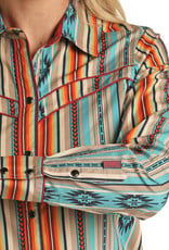 Womens Long Sleeve Turquoise Orange Aztec Retro Print Stretch Snap Western Shirt
