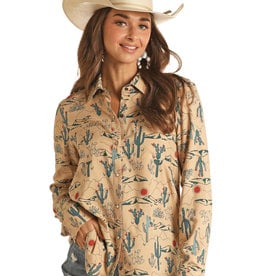 Womens Long Sleeve Desert Tan Print Light Weight Western Snap Shirt