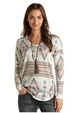 Womens Light Blue Brown Aztec Print Long Sleeve Knit Shirt