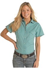 Womens Panhandle Rough Stock  Stretch Flex Comfort Turquoise Chocolate  Short Sleeve Western Snap Shirt