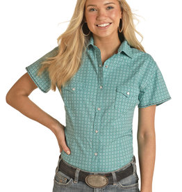 Womens Panhandle Rough Stock  Stretch Flex Comfort Turquoise Chocolate  Short Sleeve Western Snap Shirt