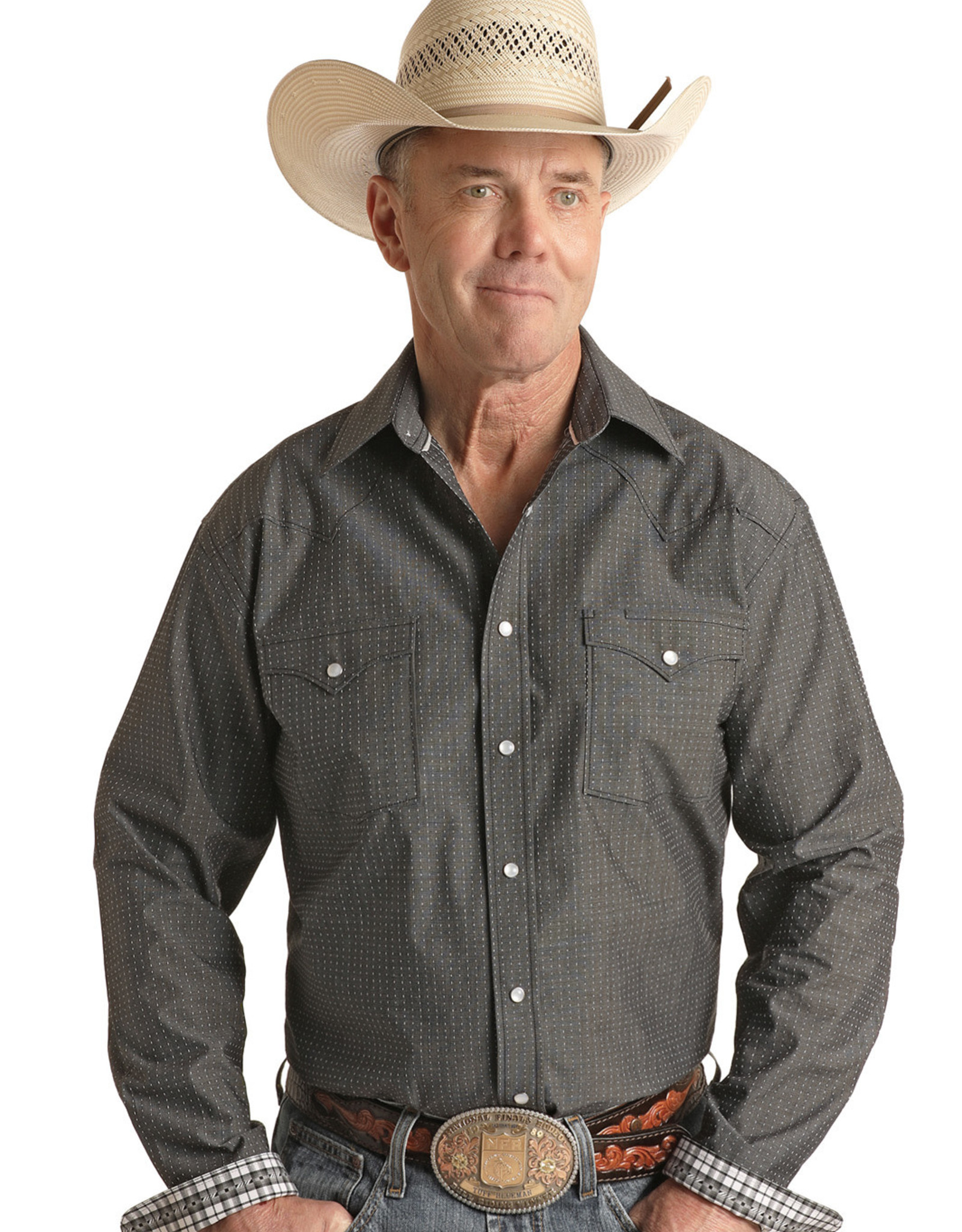 Mens Panhandle Roughstock Two Pocket  Black Dash Long Sleeve Snap Western Shirt