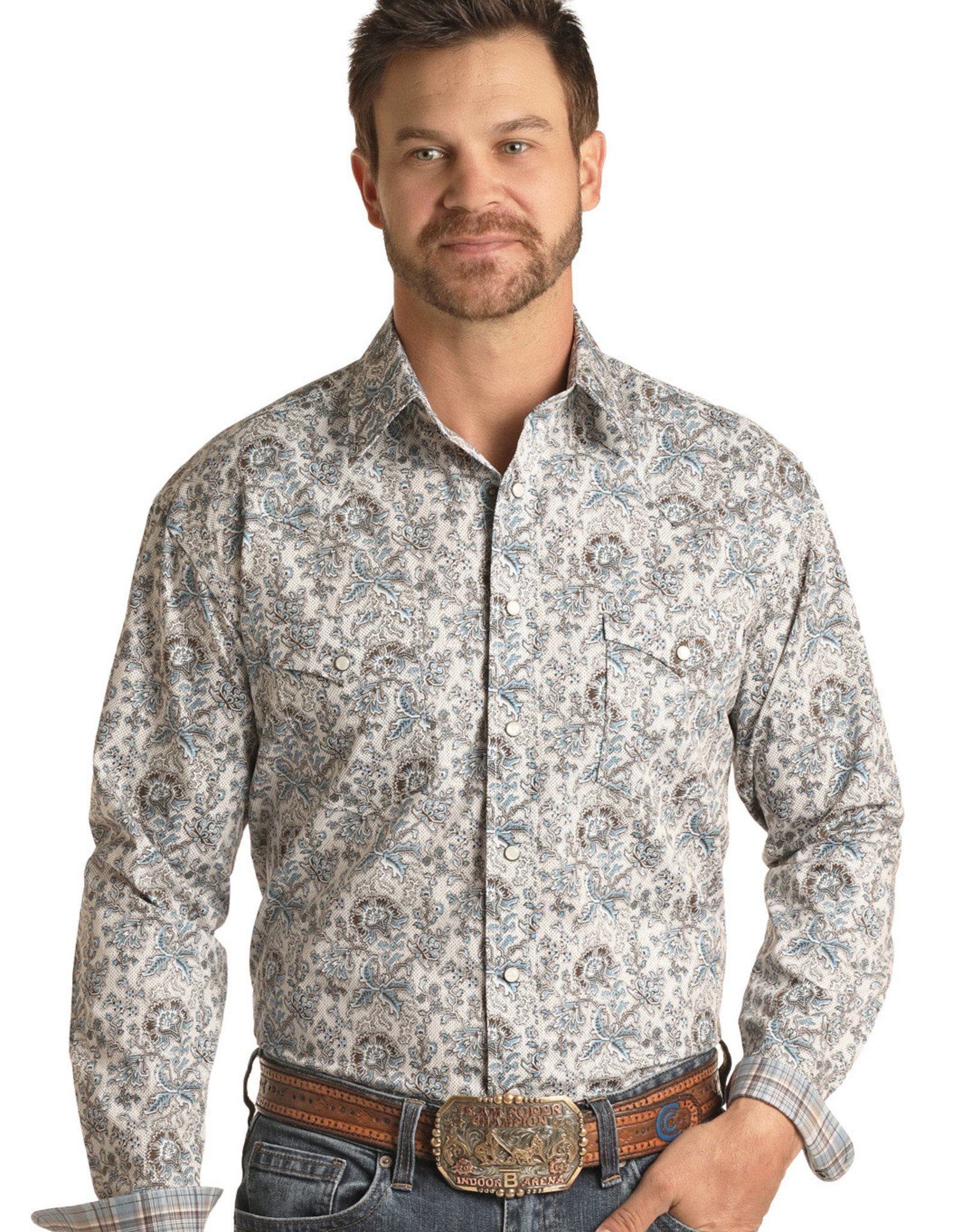 Mens Panhandle Roughstock Two Pocket  Chocolate Blue Paisley Long Sleeve Snap Western Shirt