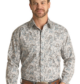 Mens Panhandle Roughstock Two Pocket  Chocolate Blue Paisley Long Sleeve Snap Western Shirt