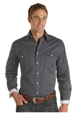 Mens Panhandle Rough Stock Two Pocket Navy Print Long Sleeve Snap Western Shirt