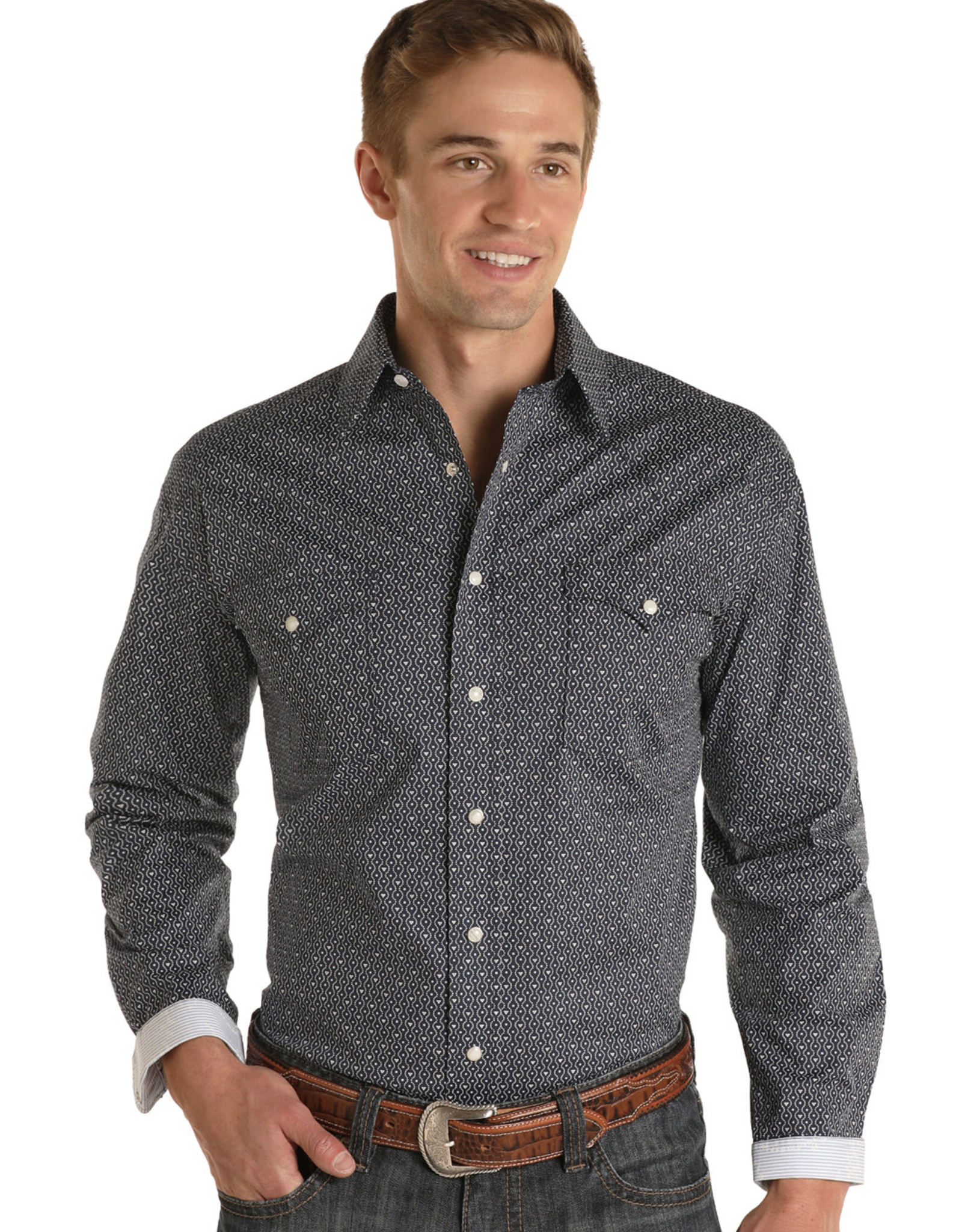 Mens Panhandle Rough Stock Two Pocket Navy Print Long Sleeve Snap Western Shirt