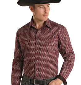 Mens Panhandle Roughstock Two Pocket Burgundy Print Long Sleeve Snap Western Shirt