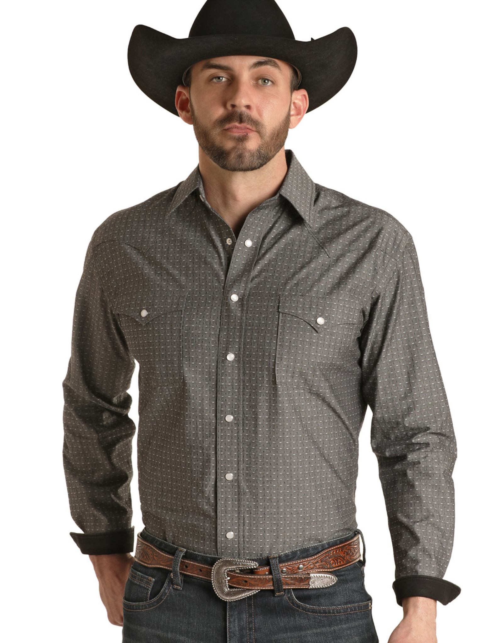 Mens Panhandle Rough Stock Two Pocket Grey Dobby Long Sleeve Snap Western Shirt