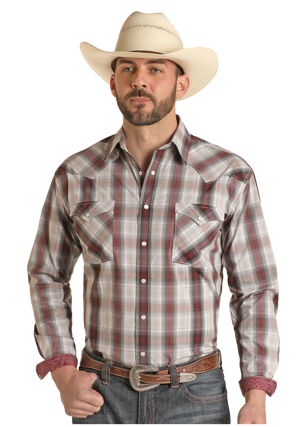 Mens Panhandle Rough Stock Two Pocket Grey Burgundy Plaid Long Sleeve ...