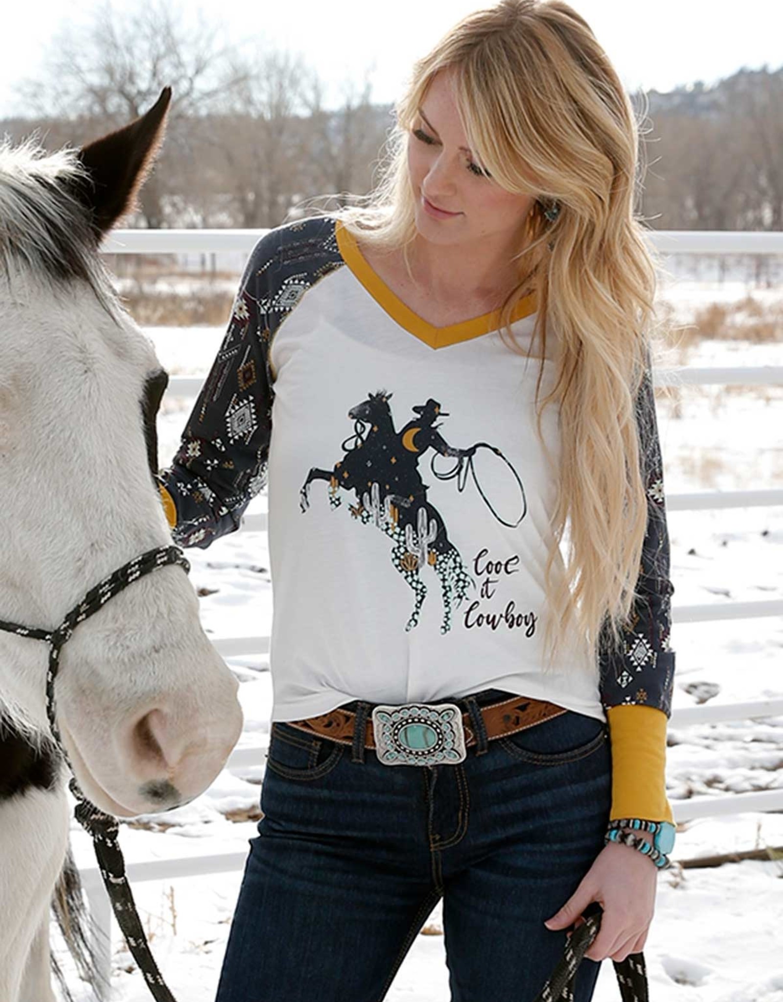 Womens Cruel Girl Denim Cream V Neck Mustard Trim Blue Aztec Sleeve Rearing  Horse T Shirt