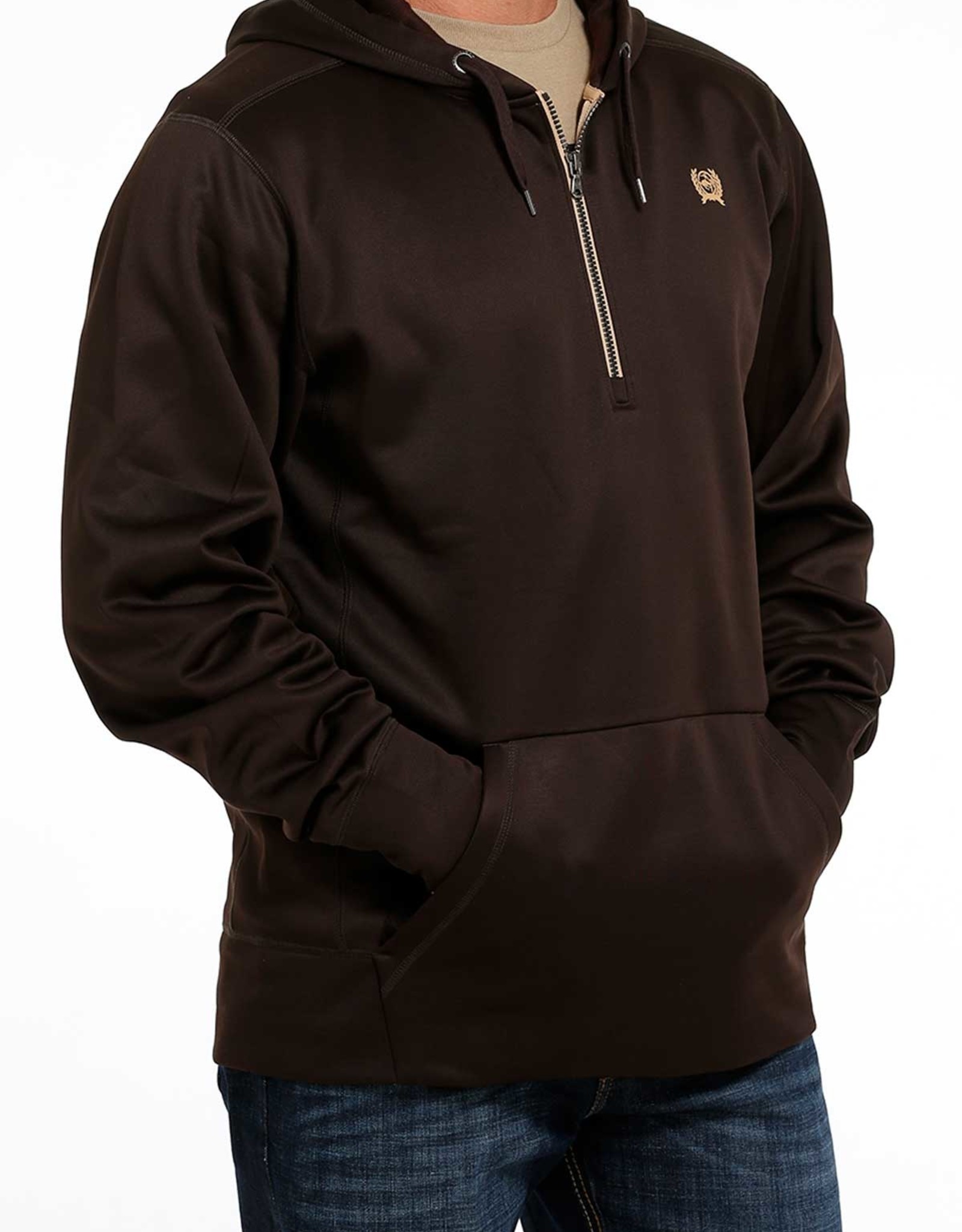 Cinch Cinch Mens Chocolate Tan Logo Fleece Quarter Zip Hoodie