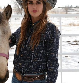 Womens Cruel Girl Navy Gold Western Print  Long Sleeve Western Snap Shirt