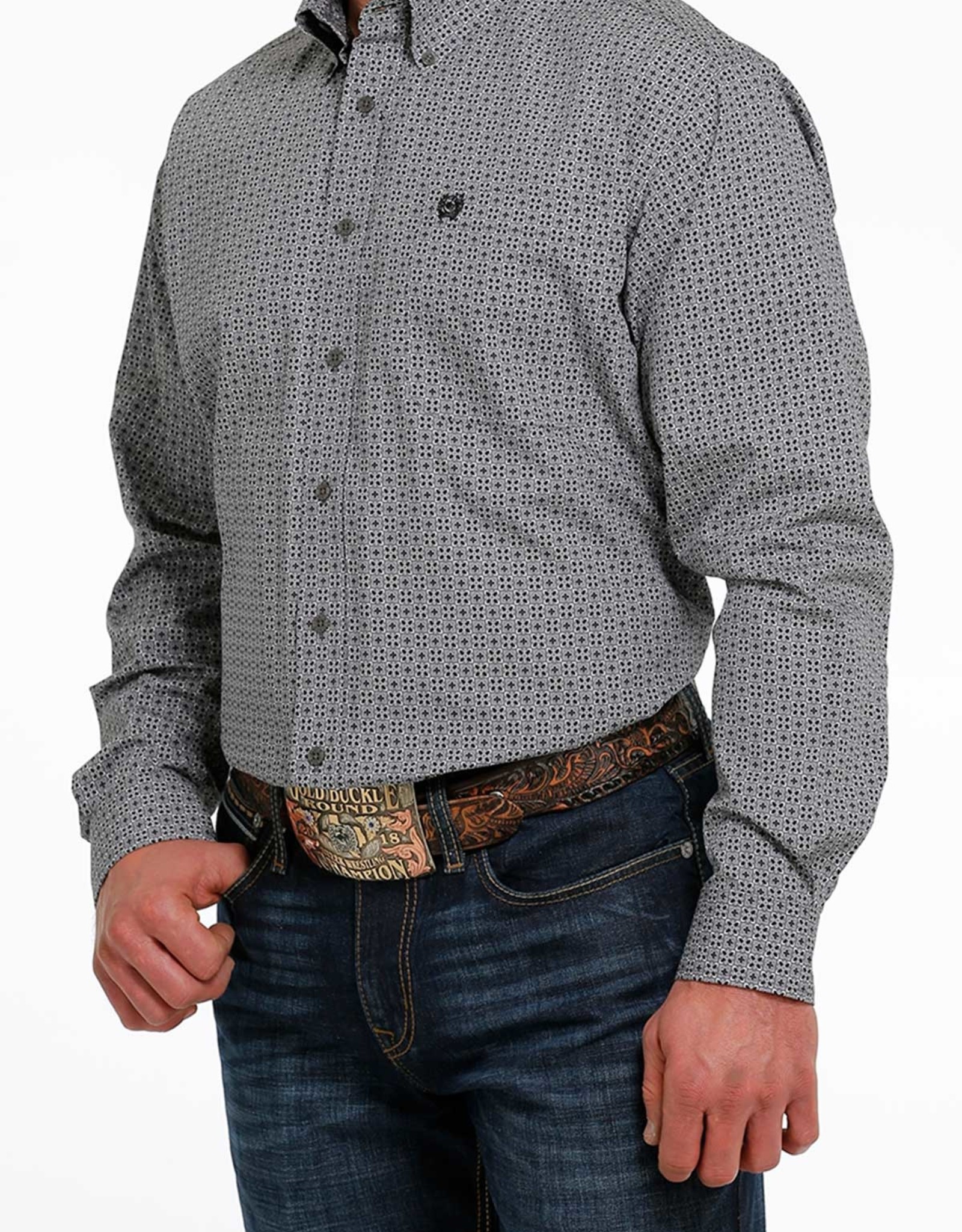 Cinch Mens Cinch Long Sleeve Grey Black Print Western Button Down Shirt