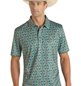 Mens Panhandle  Performance Turquoise Aztec Western Short Sleeve Polo Shirt