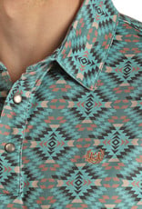 Mens Panhandle  Performance Turquoise Aztec Western Short Sleeve Polo Shirt