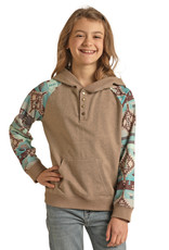 Girls Rock & Roll Heather Tan Turquoise Aztec Sleeves Hooded Shirt