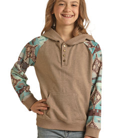 Girls Rock & Roll Heather Tan Turquoise Aztec Sleeves Hooded Shirt