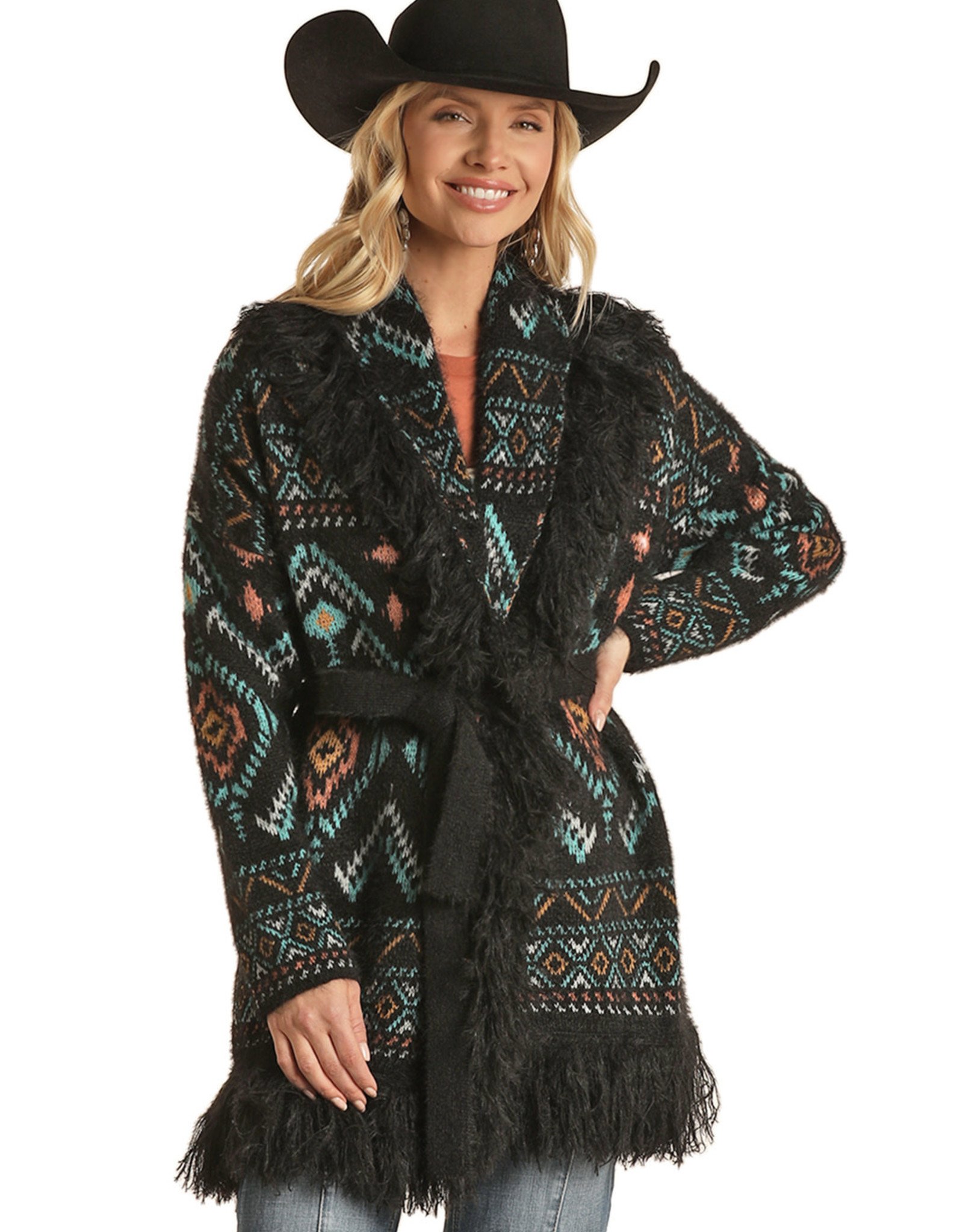 Womens Black Aztec Cardigan Sweater