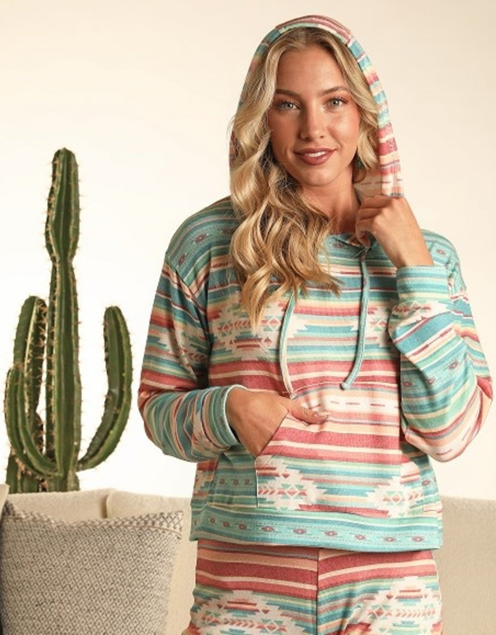 Womens Rock N Roll Denim Pastel  Aztec Light Weight Pullover Hooded Sweatshirt