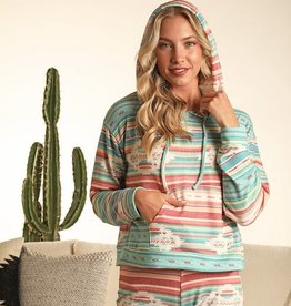 Womens Rock N Roll Denim Pastel  Aztec Light Weight Pullover Hooded Sweatshirt