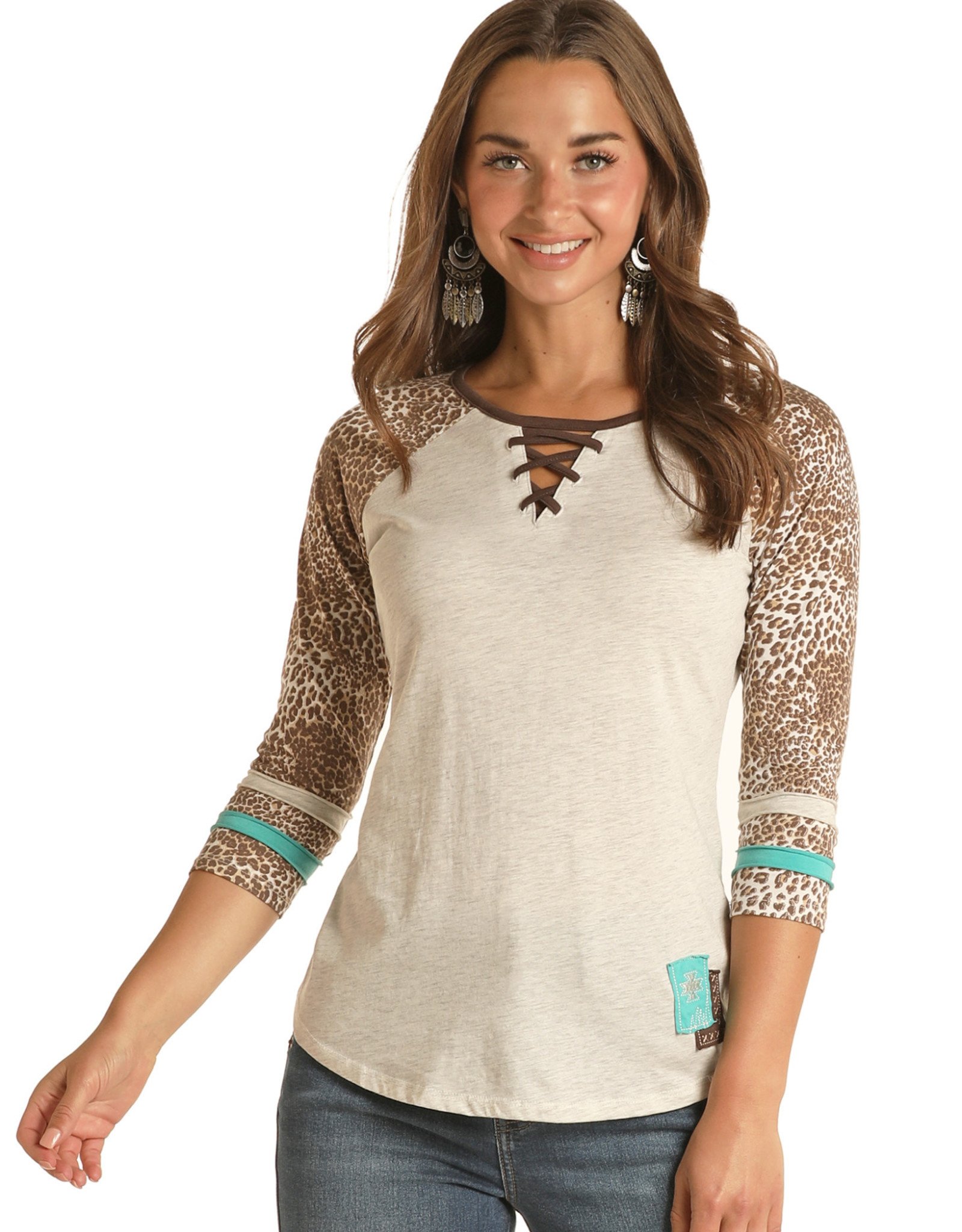 Womens Panhandle Slim Laced Neck Leopard 3/4 Sleeve Knit Top